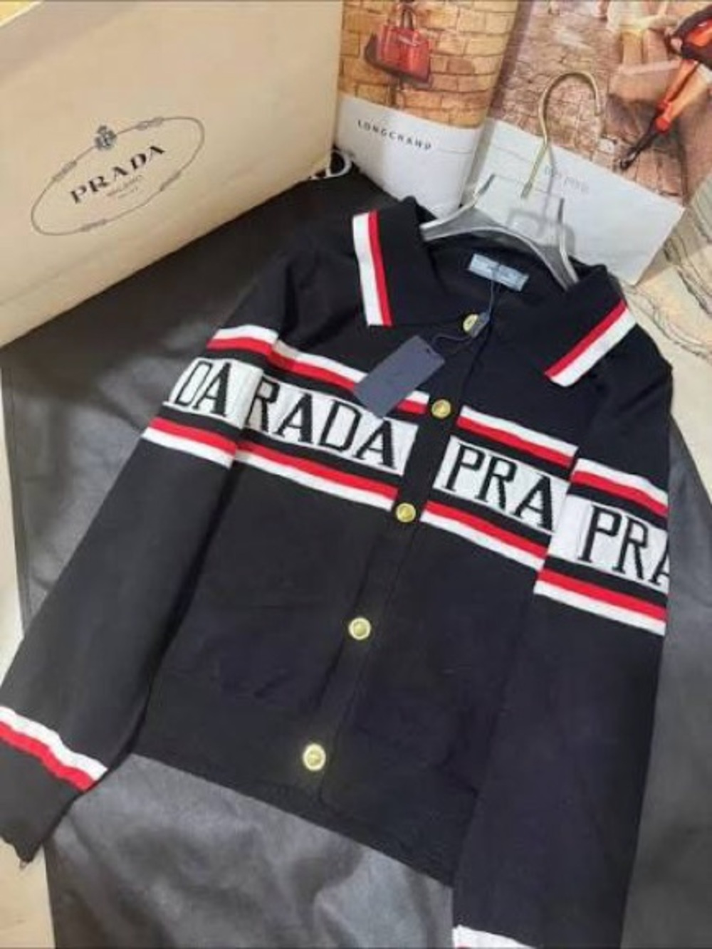 Knit Cardigan with Red & White Stripe